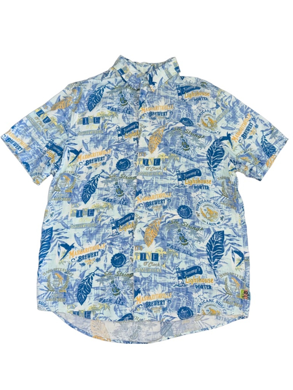 RARE! MARGARITAVILLE Brewery Jimmy Buffet Hawaiian Button Down in Blue & Yellow